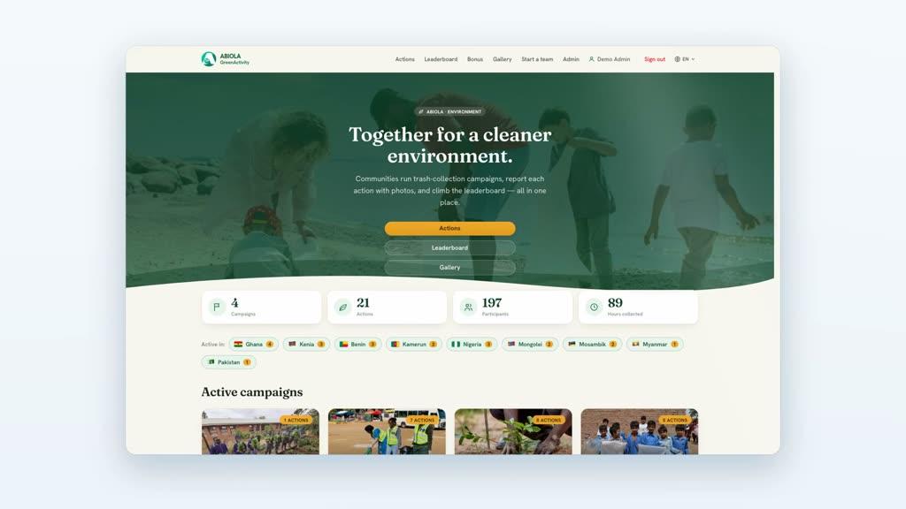 ABIOLA GreenActivity: Screenshot der Web-Plattform mit laufenden Kampagnen
