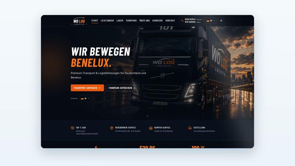 WO LOG: Screenshot der Website mit Sattelzug und dem Titel „Wir bewegen Benelux.“