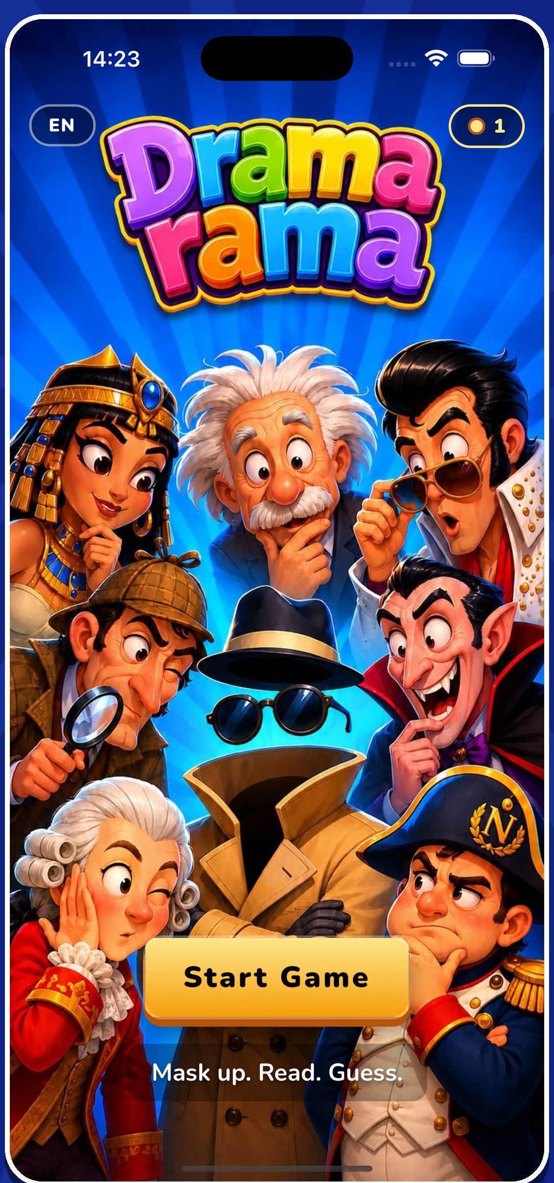 DRAMARAMA Startscreen mit Prominenten-Figuren im iPhone-Rahmen
