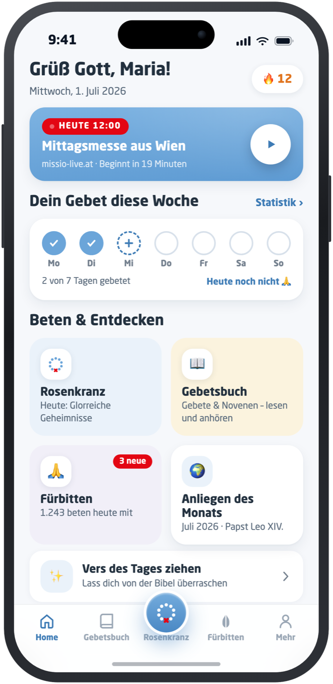 „Gott kann" App: Home-Screen mit Tagesgebet und Mittagsmesse im iPhone-Rahmen