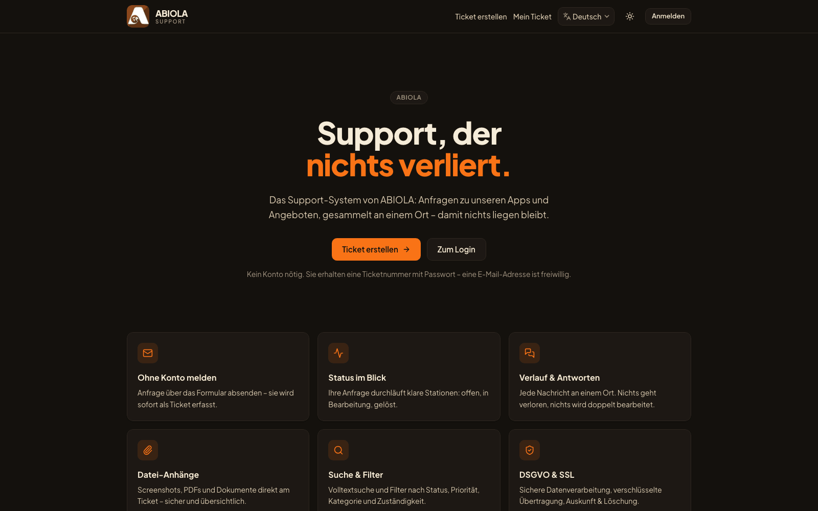ABIOLA-Support-Portal: Ticketübersicht mit Status und Suche