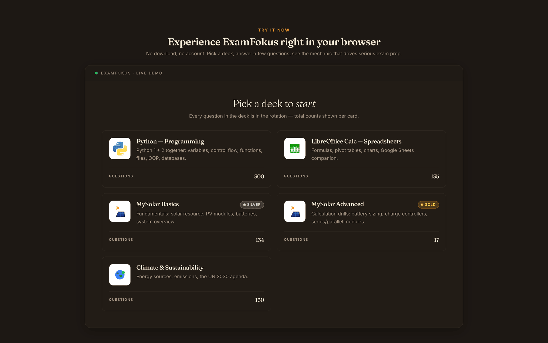 ExamFokus: Auswahl der Fragensätze in der Browser-Demo (Dark Mode)