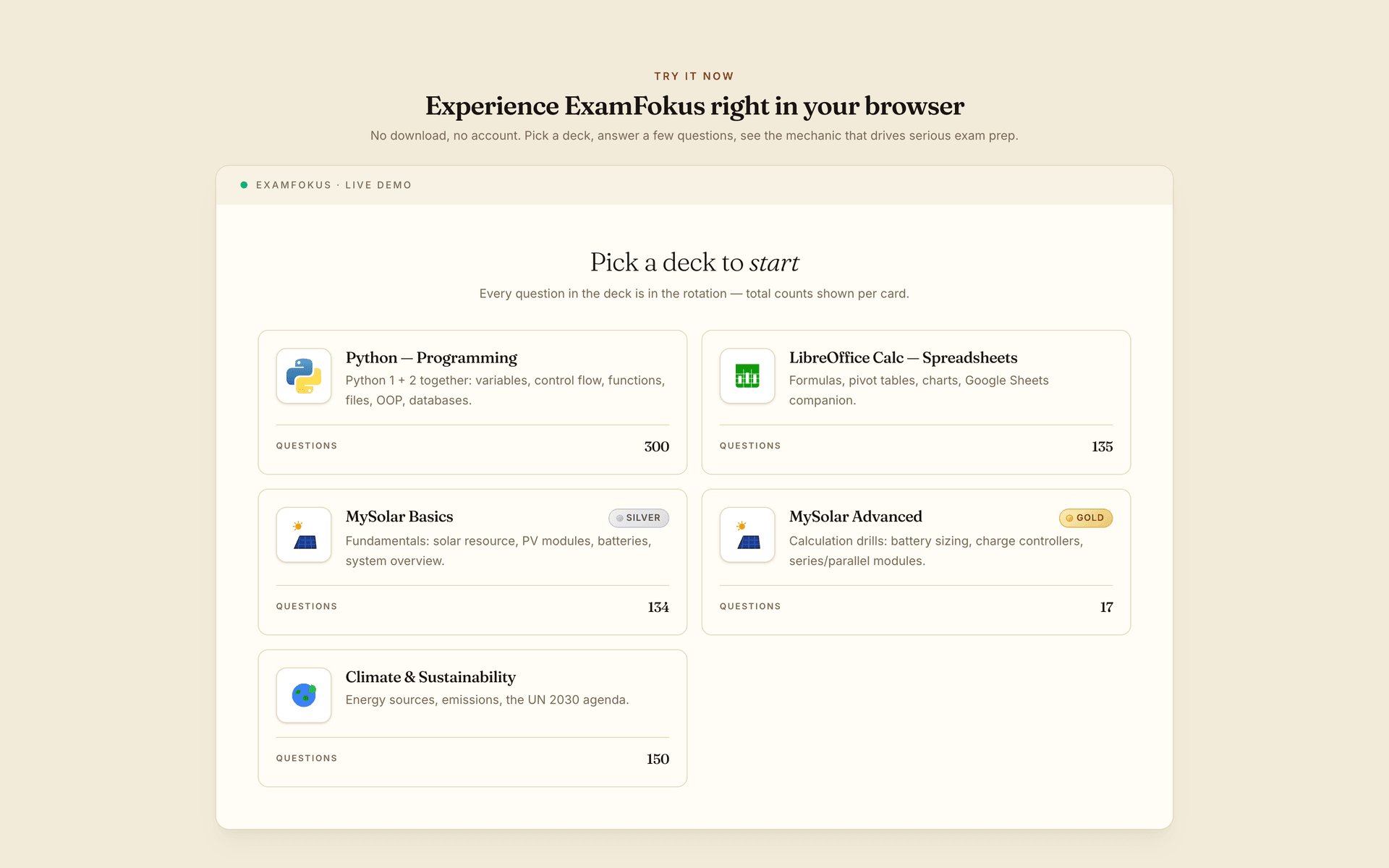ExamFokus: Auswahl der Fragensätze in der Browser-Demo