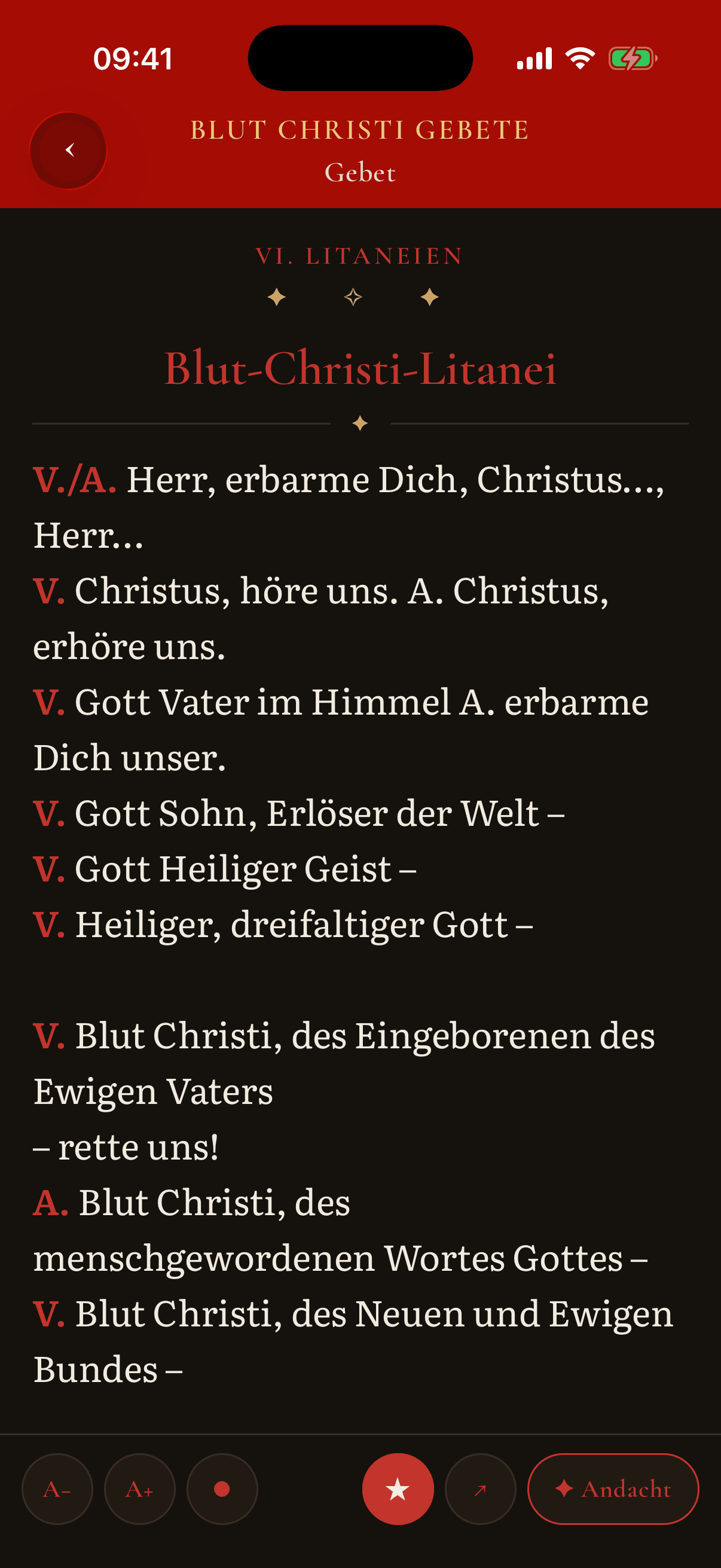 Gebets-App: Detail-Ansicht eines Gebets (Dark Mode)