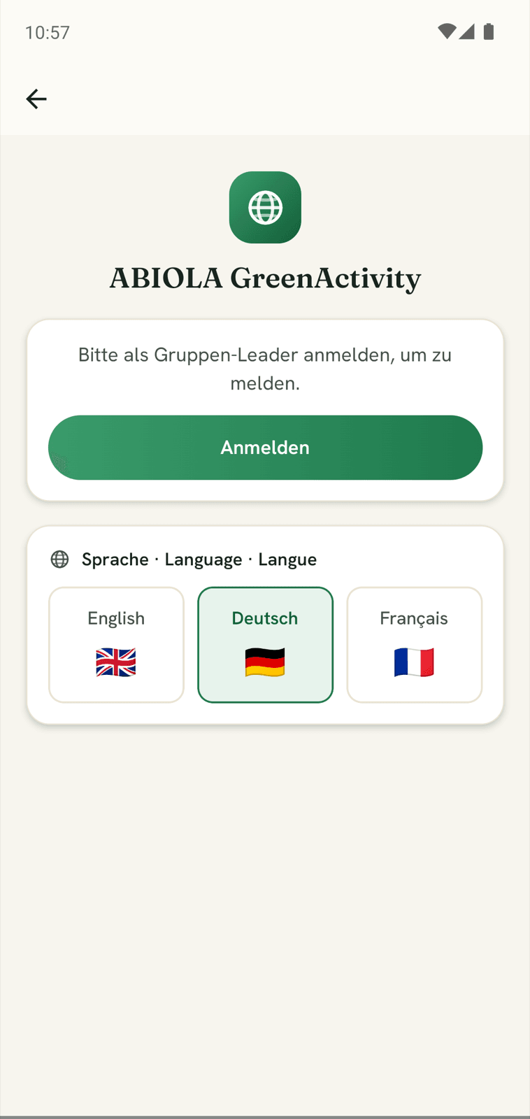 GreenActivity App: Anmeldebildschirm