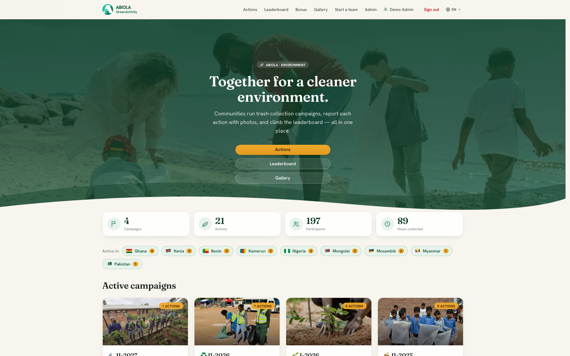 GreenActivity Web-Plattform: Startseite mit Kennzahlen und laufenden Kampagnen