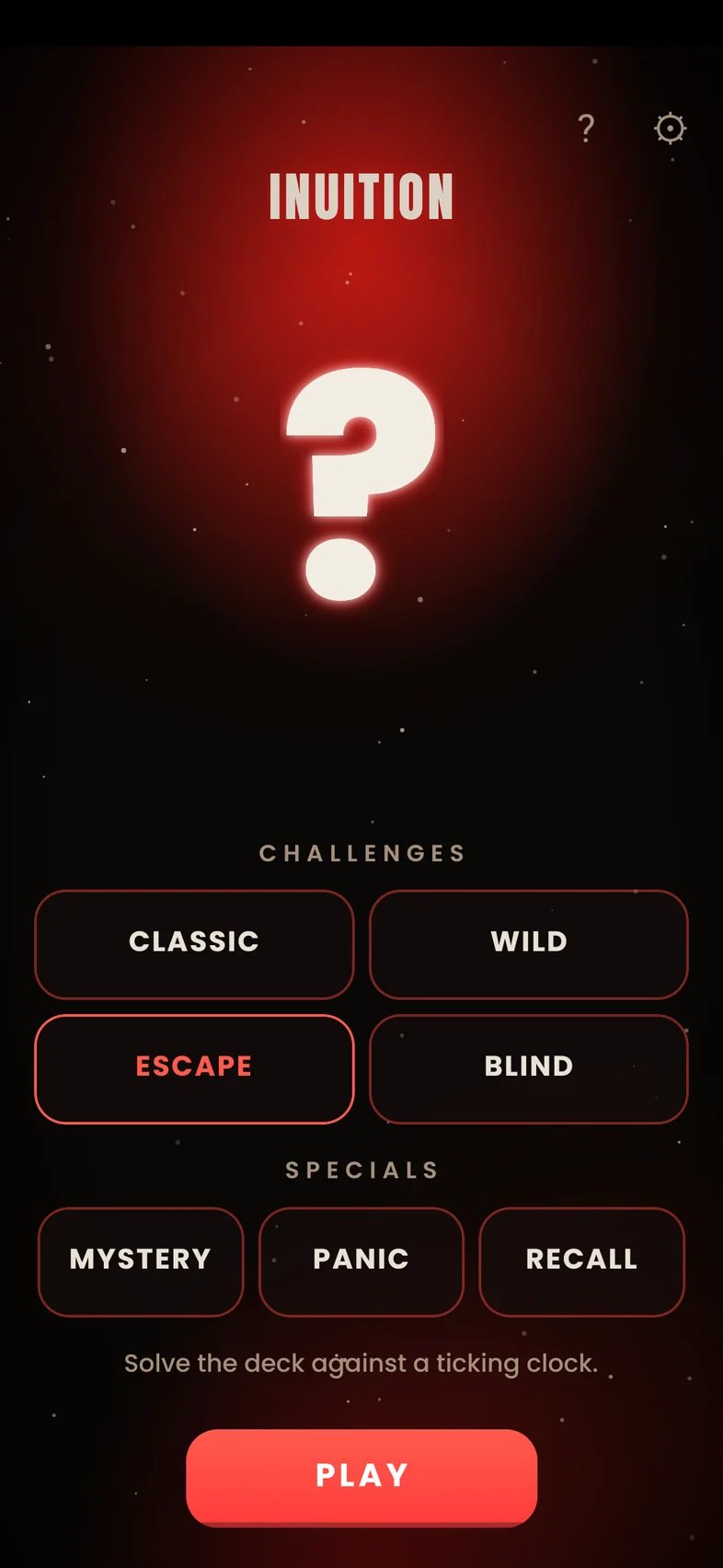 INUITION: Startbildschirm im ESCAPE-Look mit den vier Spielarten und den drei Zusätzen