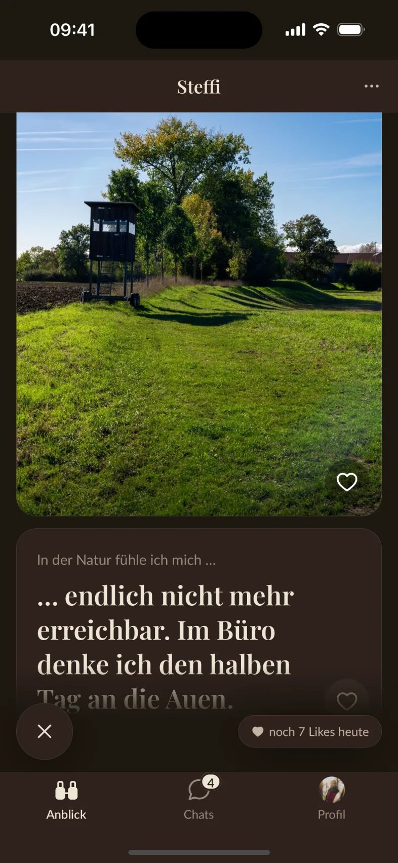 Kennenlern-App für die Jagd-Community: Profilkarte mit Foto und Antwort auf eine Frage