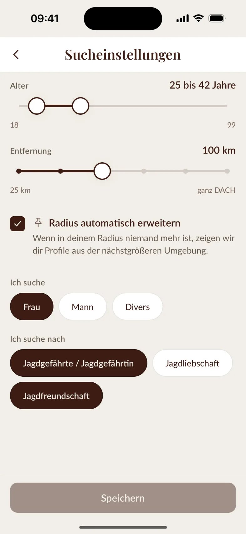 Jagdherz App – Sucheinstellungen mit Alter, Entfernung und Absicht