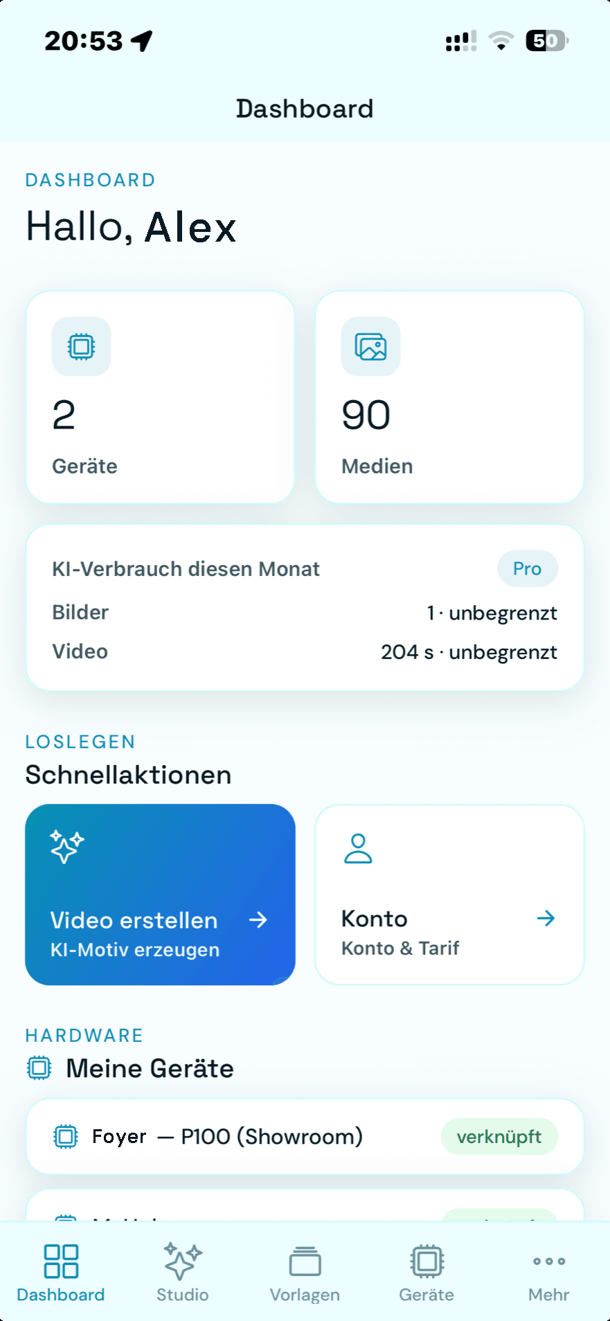 MyHologram App-Dashboard: Geräte, Medien und KI-Verbrauch im Überblick