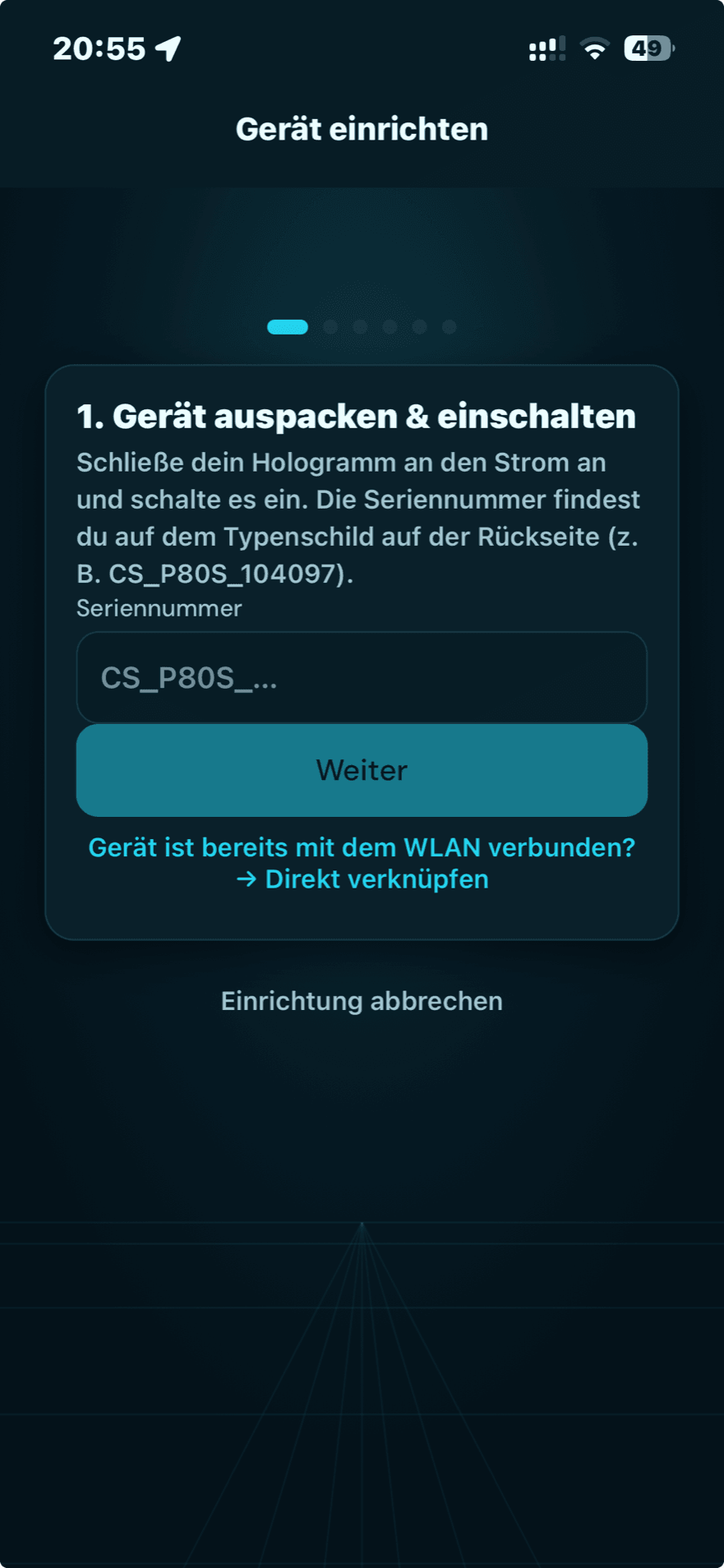 MyHologram App: neues Hologramm-Gerät per Seriennummer einrichten