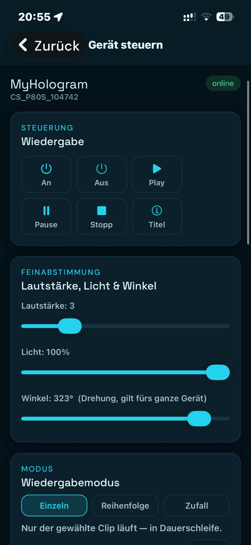 MyHologram App: Hologramm-Gerät fernsteuern – Wiedergabe, Licht und Drehwinkel