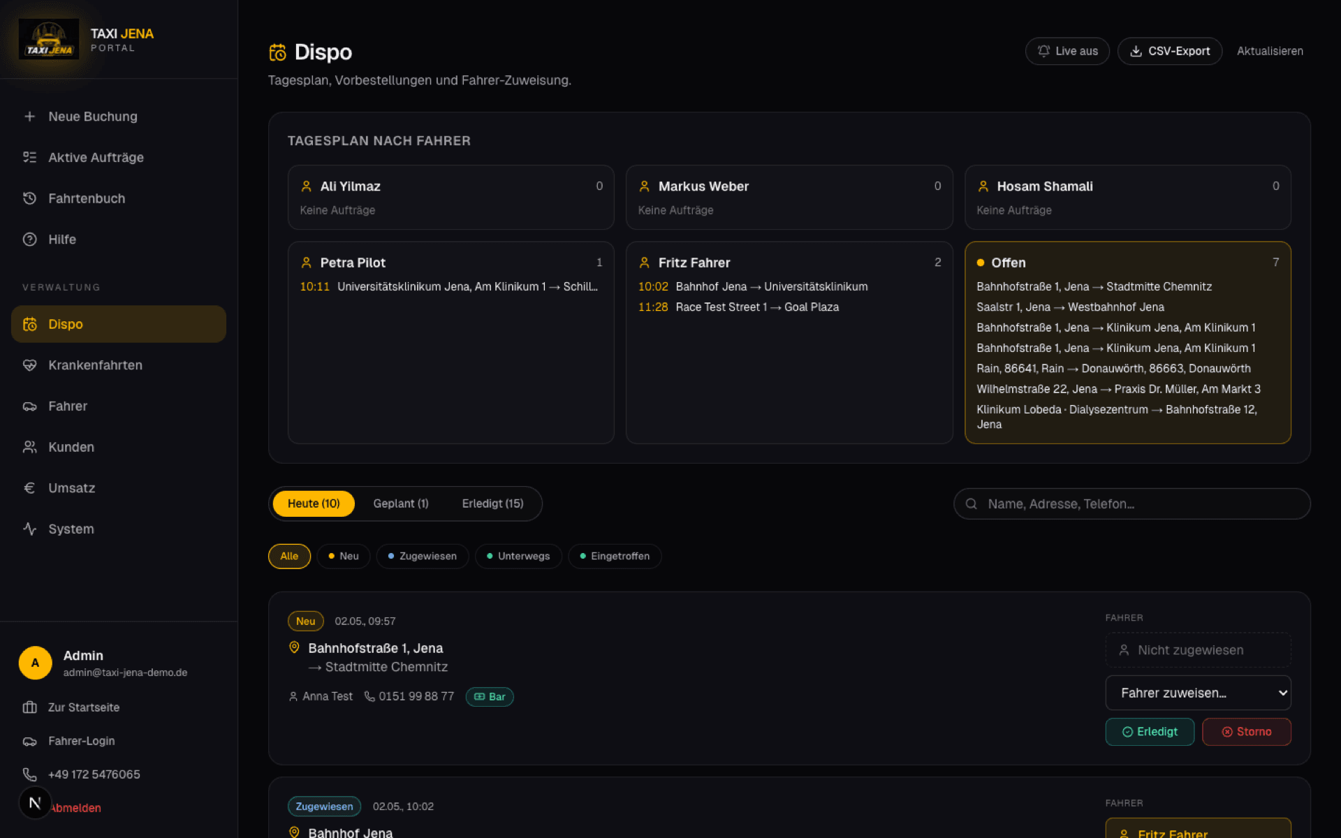 Dispo-Portal: Auftragsübersicht mit Karte für die Zentrale
