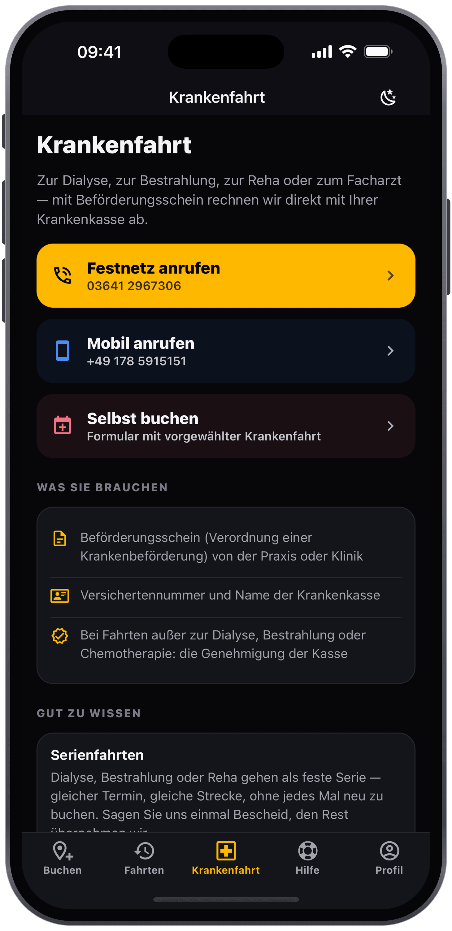 Kunden-App: Krankenfahrt mit Beförderungsschein