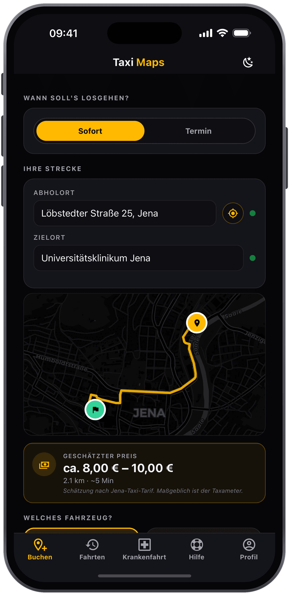 Kunden-App: Fahrpreis-Schätzung nach dem Jenaer Taxitarif vor der Buchung