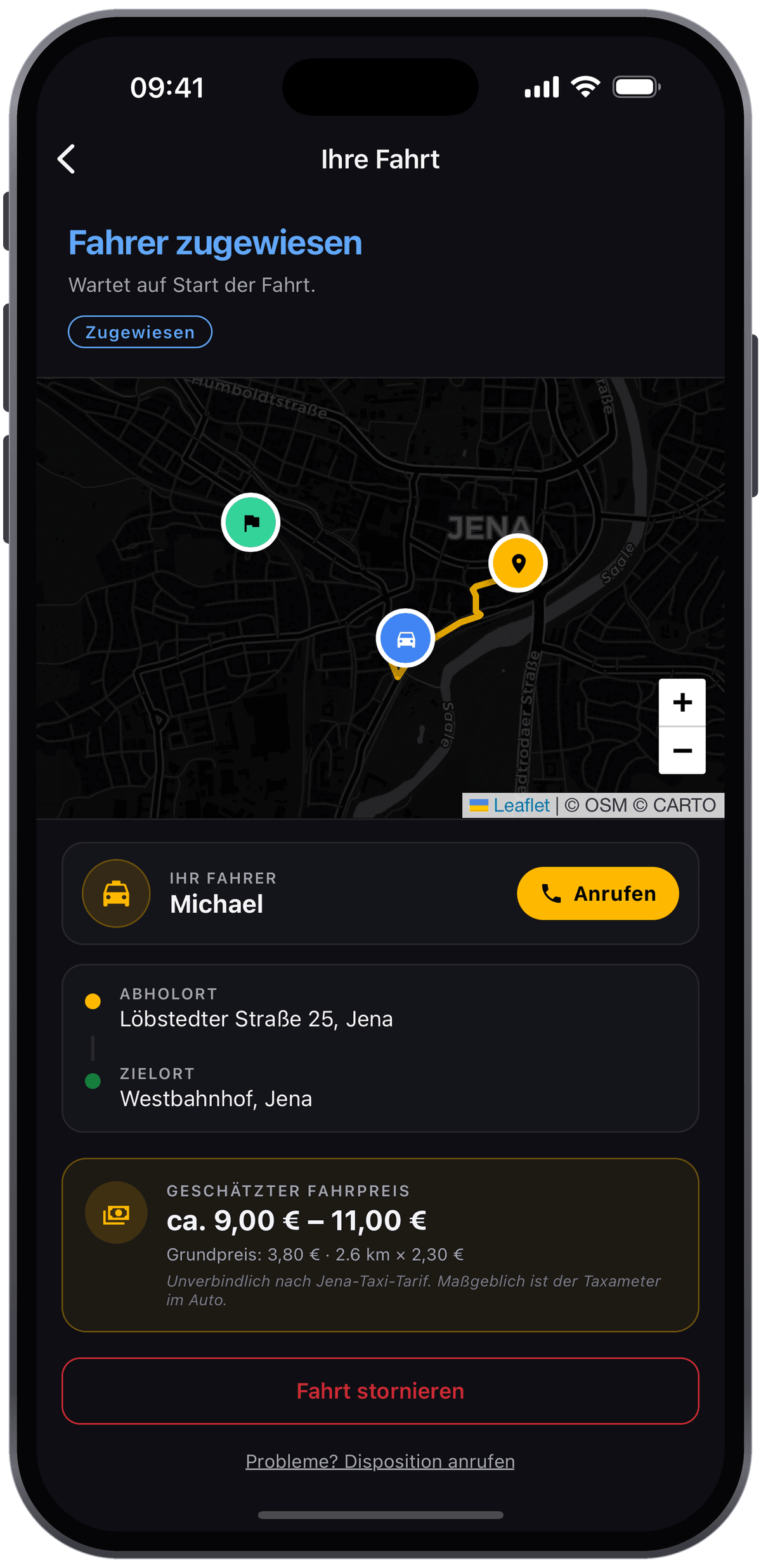 Kunden-App: zugewiesener Fahrer live auf der Karte