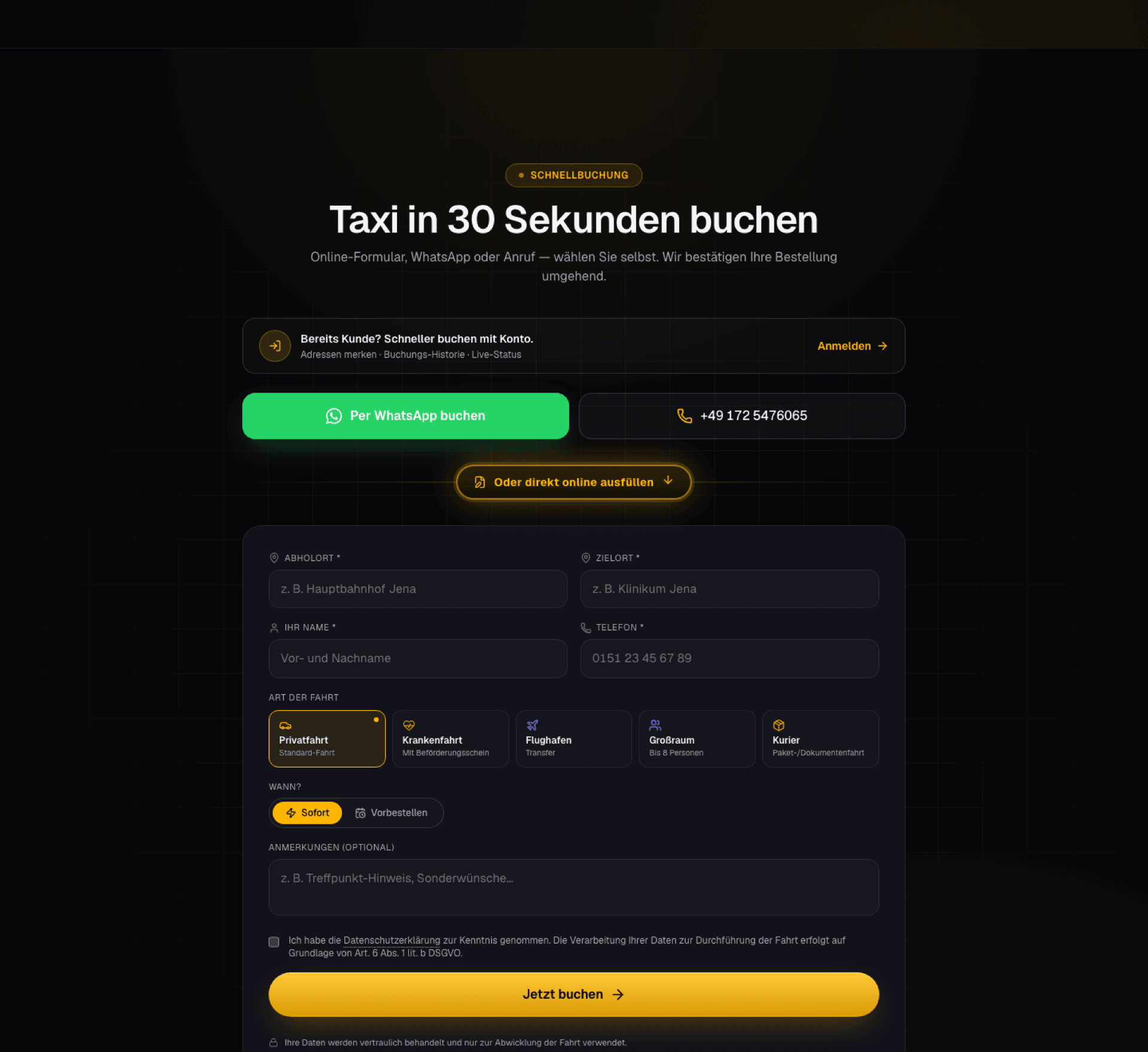 Website taximaps-jena.de: Online-Buchung mit Fahrt-Details