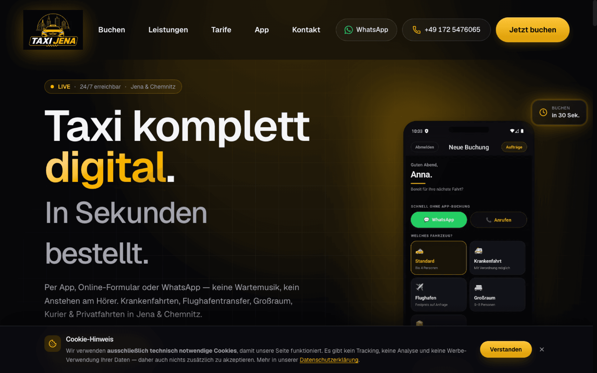 Website taximaps-jena.de: Startseite mit Buchungseinstieg