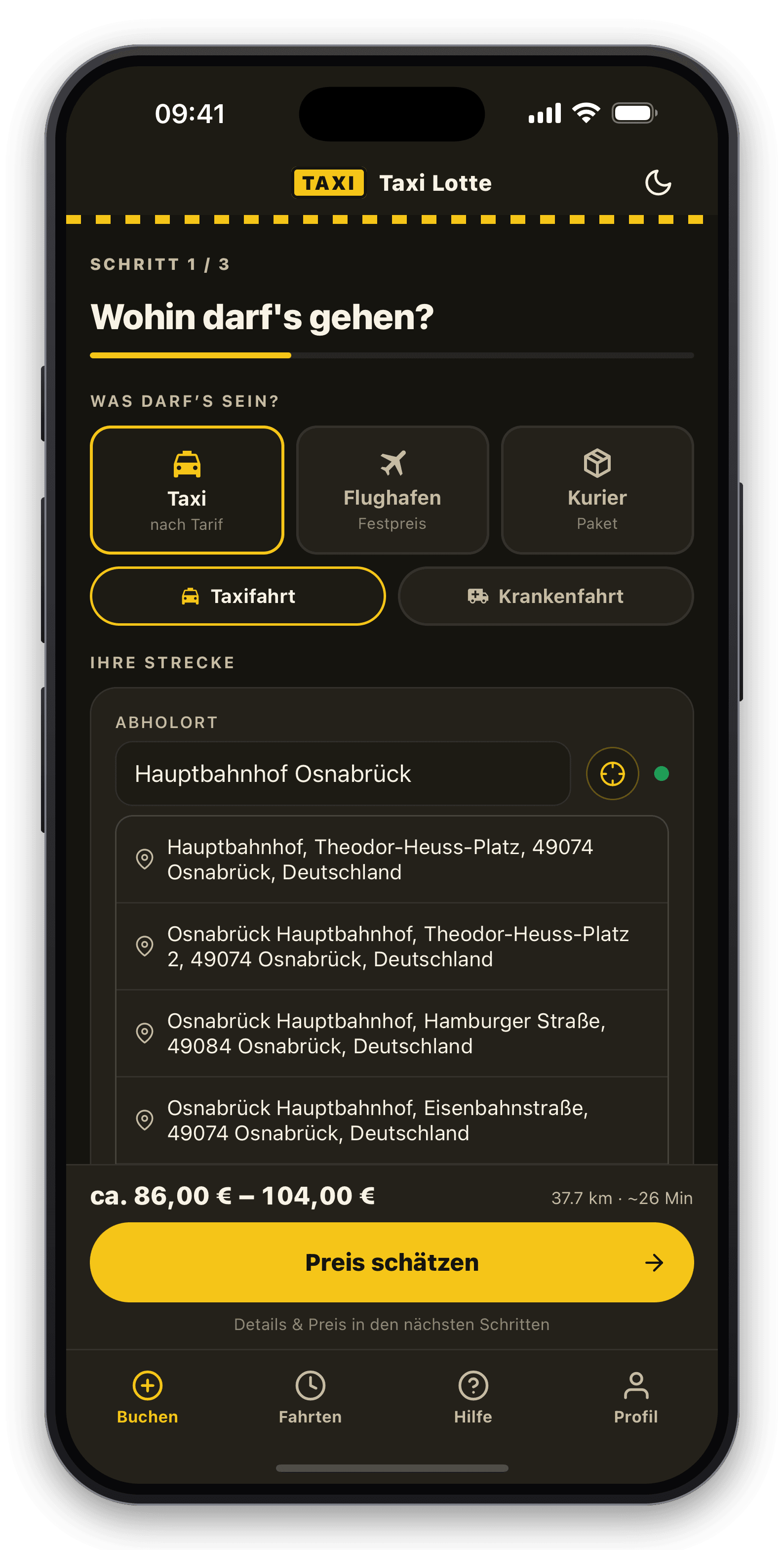 Taxi Lotte Kunden-App: Fahrt buchen (Dark Mode)