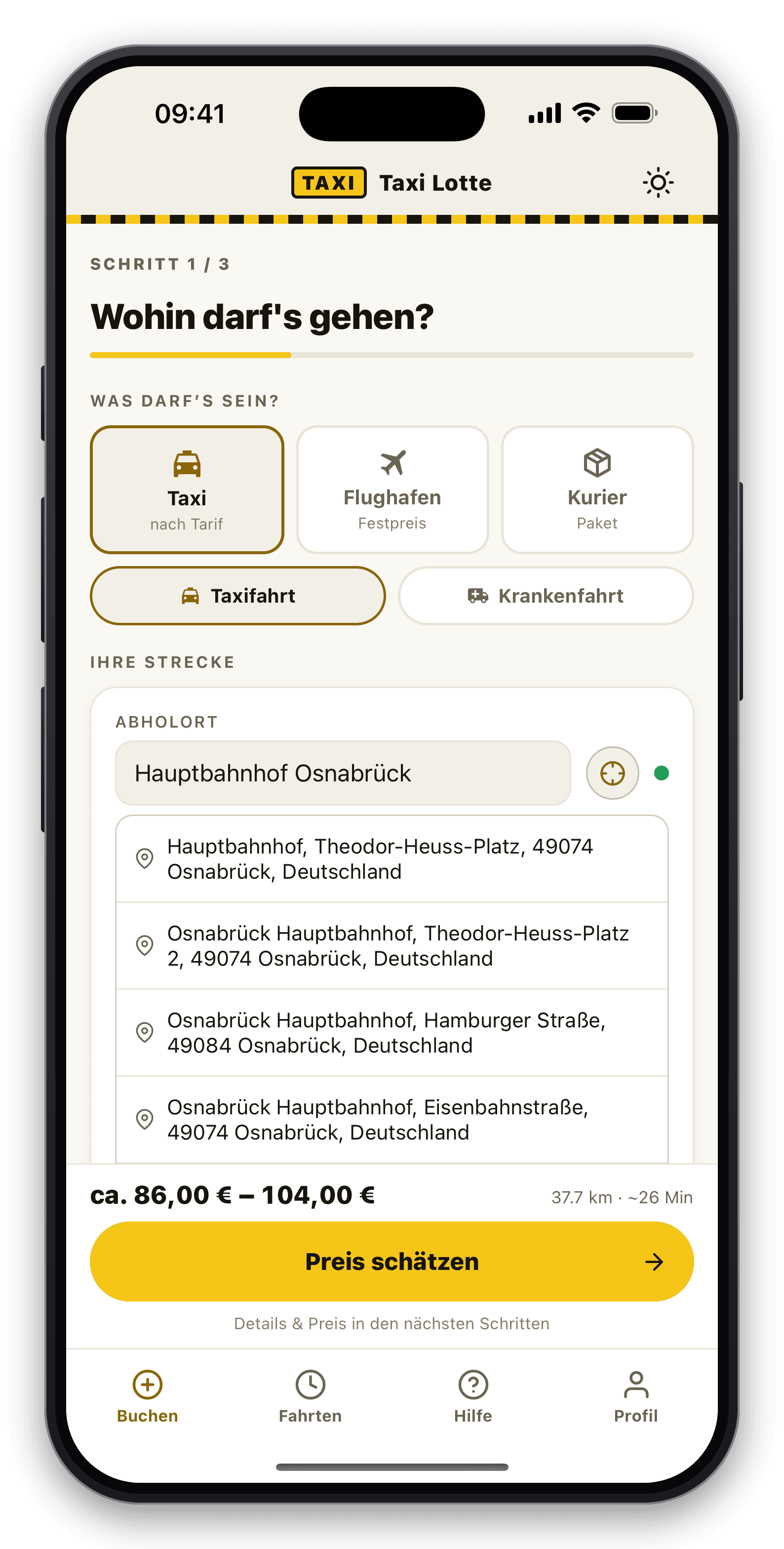 Taxi Lotte Kunden-App: Fahrt buchen