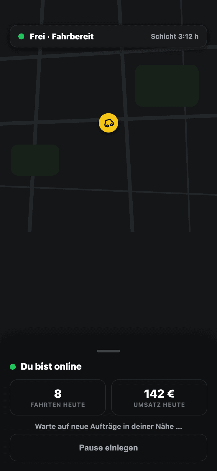Fahrer-App: Startbildschirm mit Frei-Status (Dark Mode)