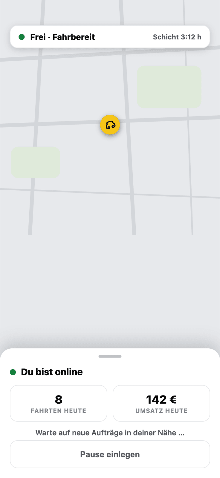 Fahrer-App: Startbildschirm mit Frei-Status
