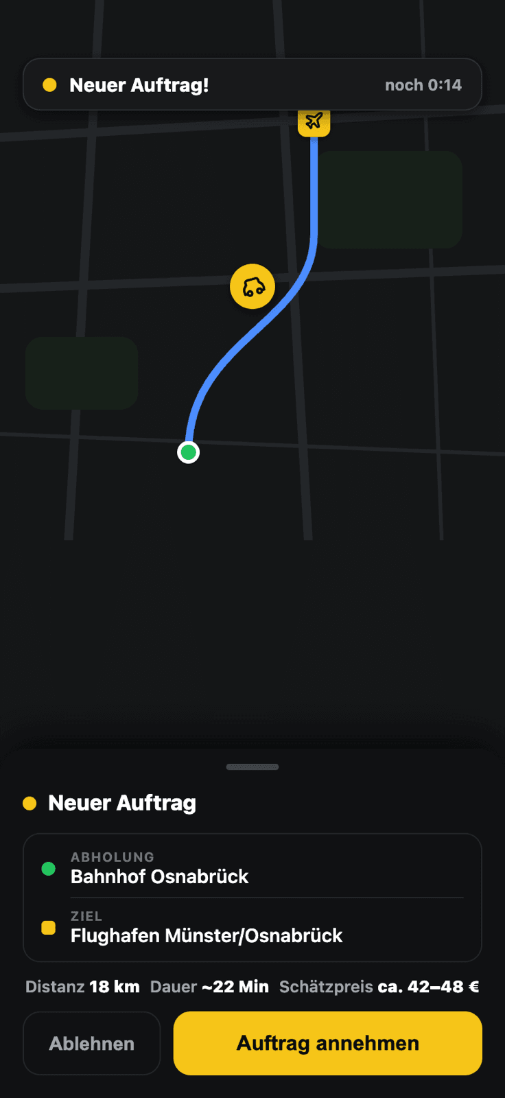Fahrer-App: neues Fahrtangebot mit Route und Preis (Dark Mode)