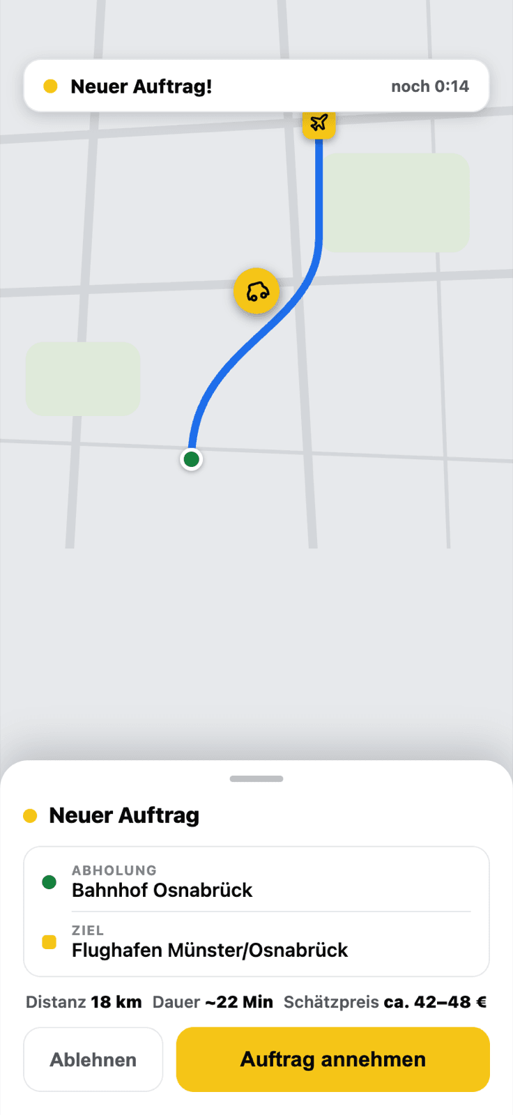 Fahrer-App: neues Fahrtangebot mit Route und Preis