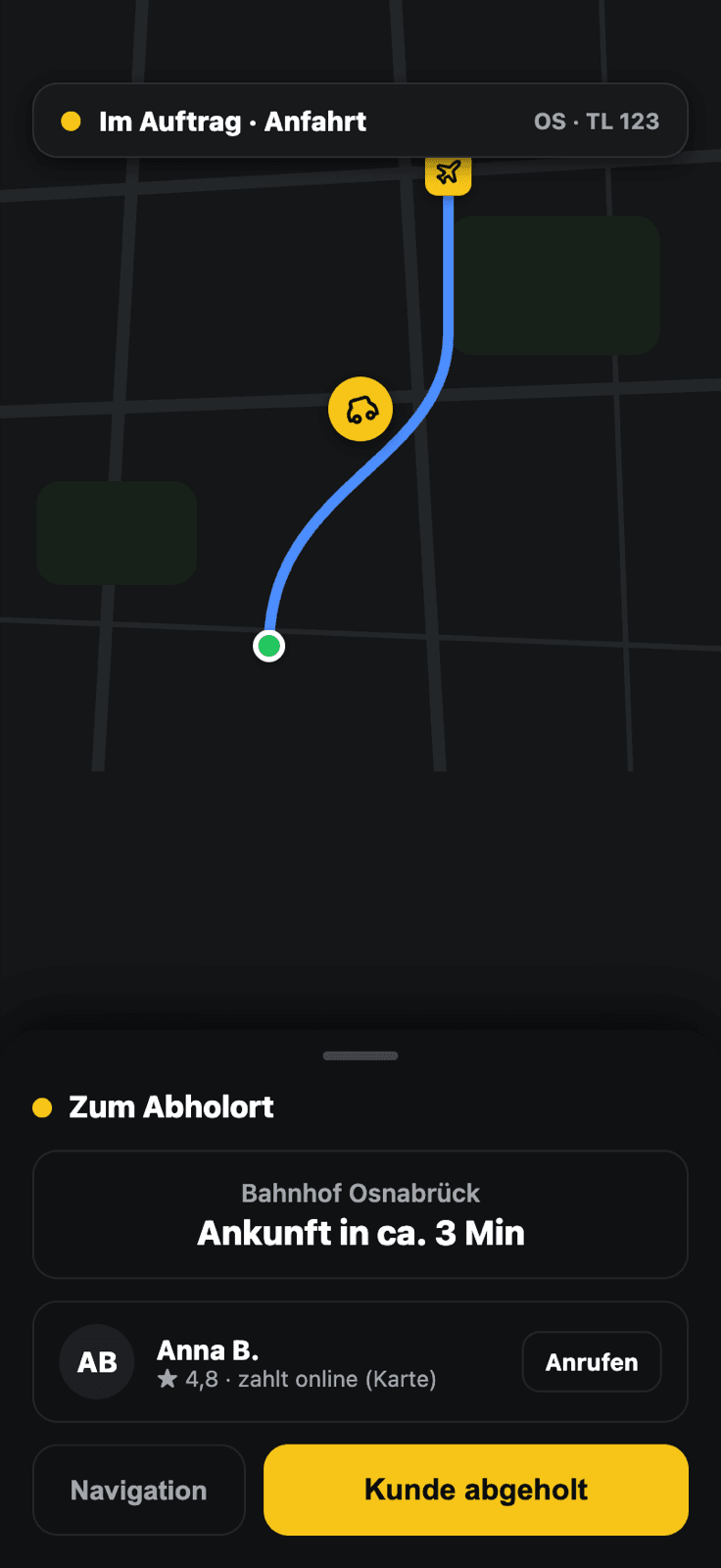 Fahrer-App: Navigation zur Abholadresse (Dark Mode)
