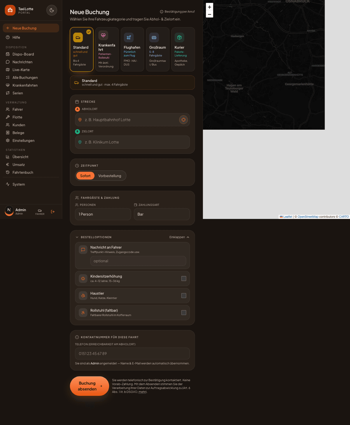 Betreiber-Portal: Dashboard mit Umsatz- und Auftragsstatistik (Dark Mode)