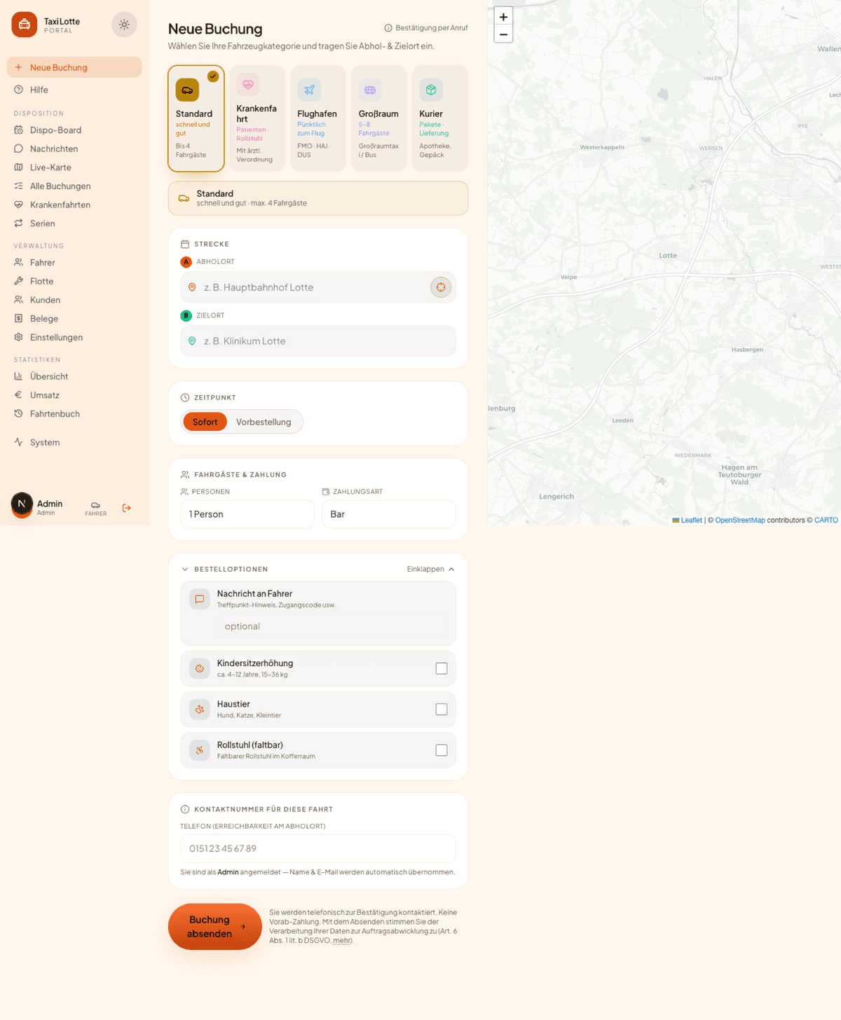 Betreiber-Portal: Dashboard mit Umsatz- und Auftragsstatistik