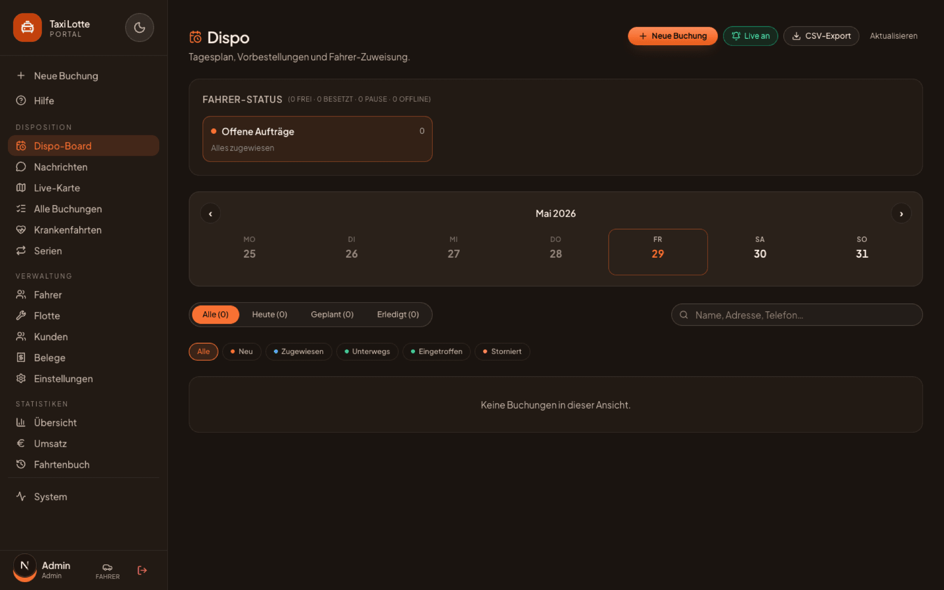 Dispo-Portal: Live-Karte mit Fahrzeugen und Liste der offenen Fahrten (Dark Mode)