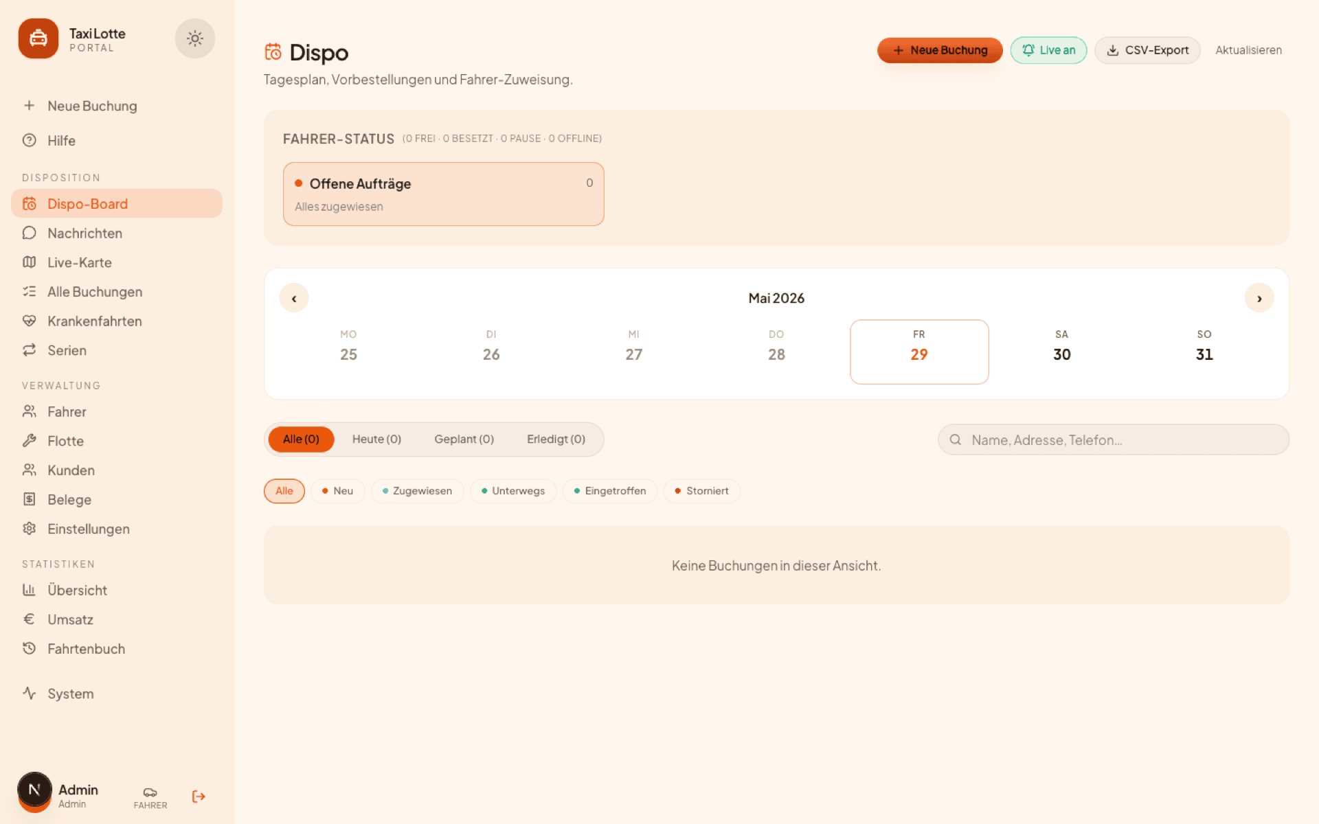 Dispo-Portal: Live-Karte mit Fahrzeugen und Liste der offenen Fahrten