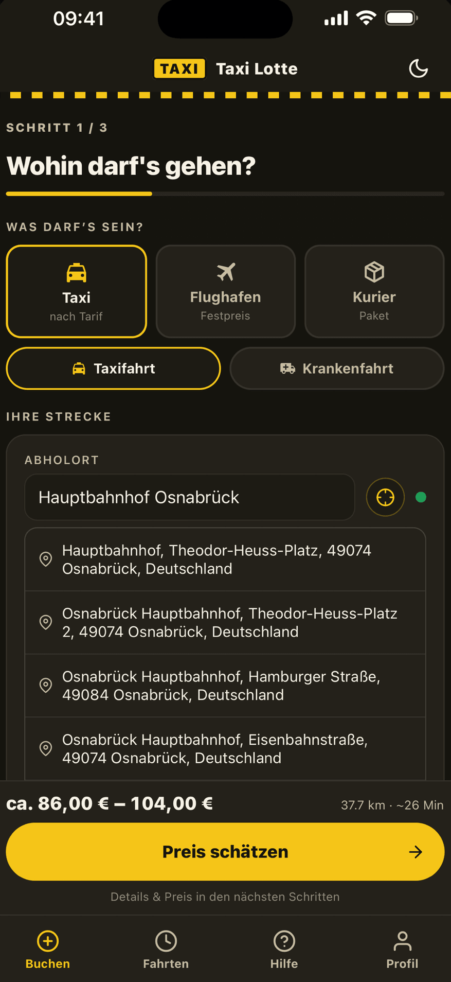 Taxi Lotte App – Fahrt buchen