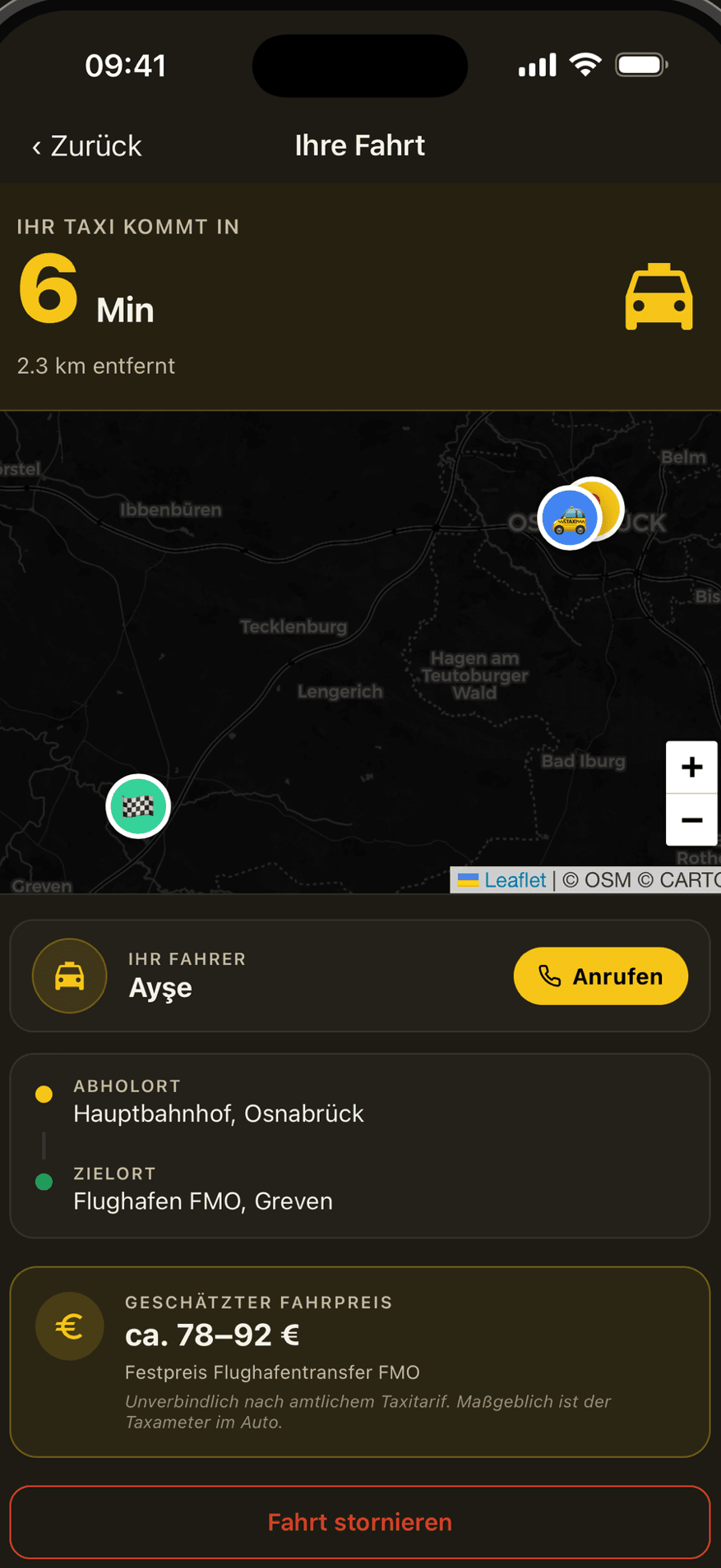 Taxi-Lotte-App: Live-Verfolgung der Fahrt mit Karte, Fahrer und geschätztem Festpreis