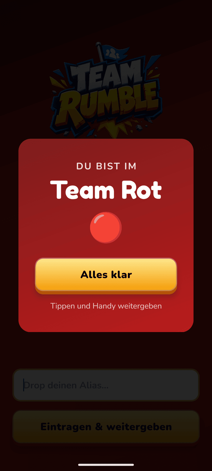 WannaBe Team Rumble: geheime Team-Zuteilung („Du bist im Team Rot")
