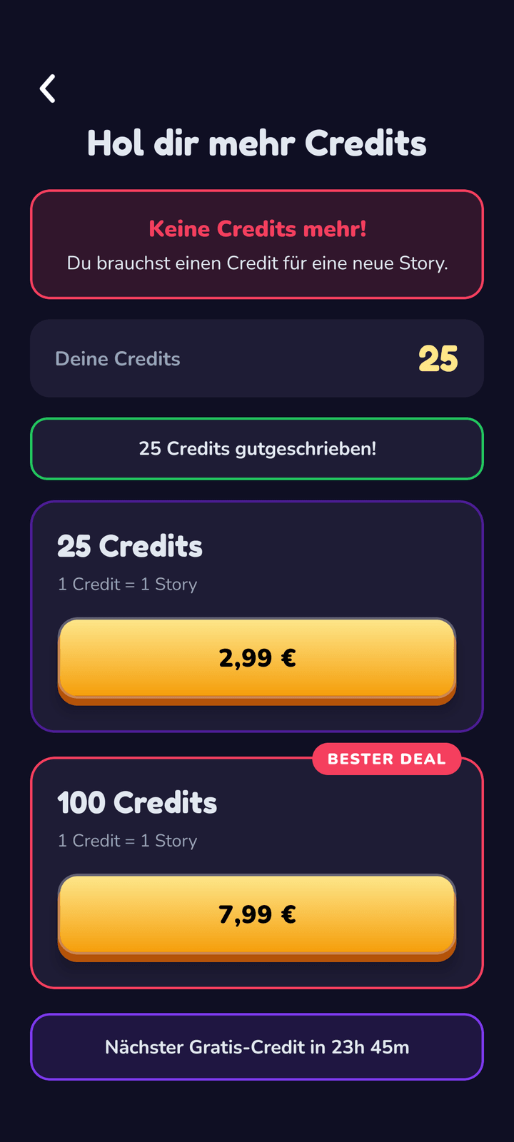 DRAMARAMA: Credit-System mit In-App-Käufen und Gratis-Credit