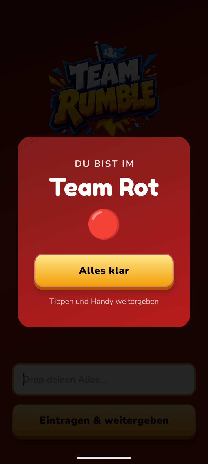 DRAMARAMA Team Rumble: geheime Team-Zuteilung („Du bist im Team Rot")