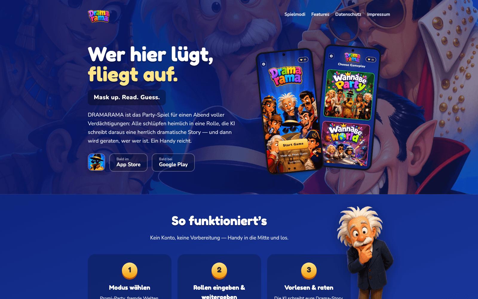 DRAMARAMA Companion-Website: Startseite mit Claim „Wer hier lügt, fliegt auf."