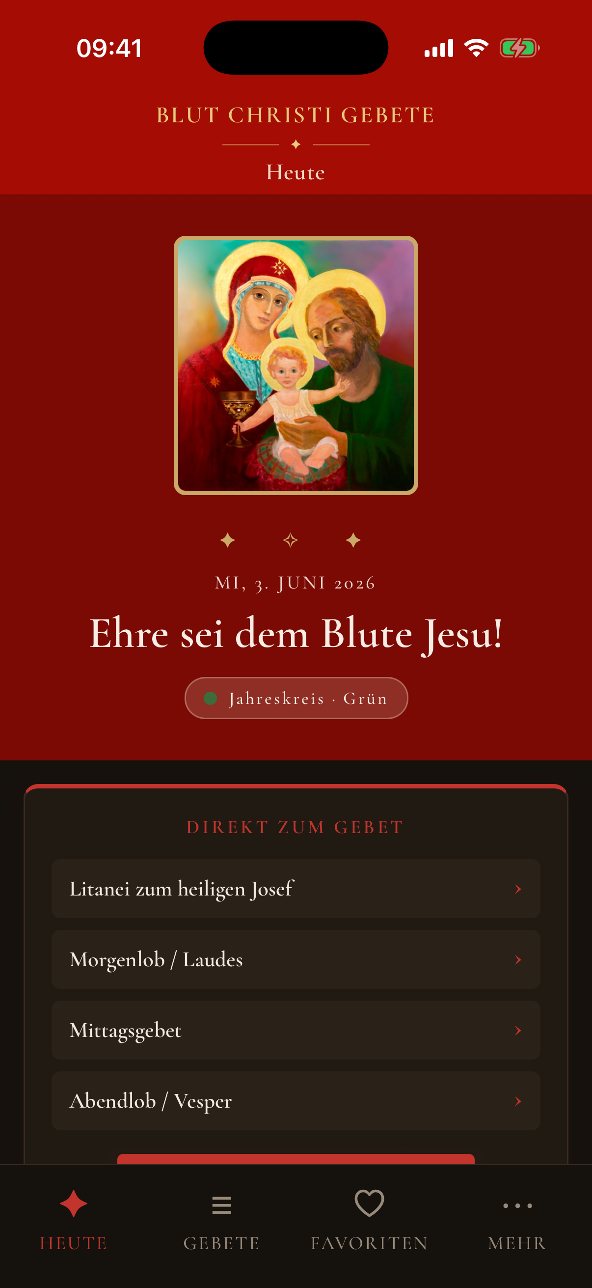 Gebets-App: Heute-Ansicht mit den Tagesgebeten (Dark Mode)