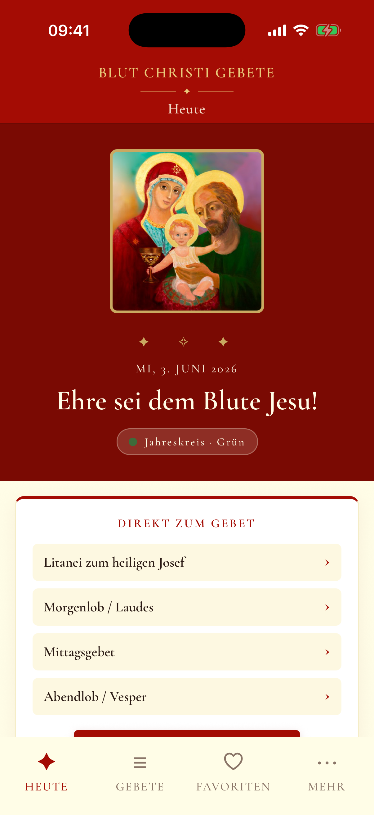 Gebets-App: Heute-Ansicht mit den Tagesgebeten