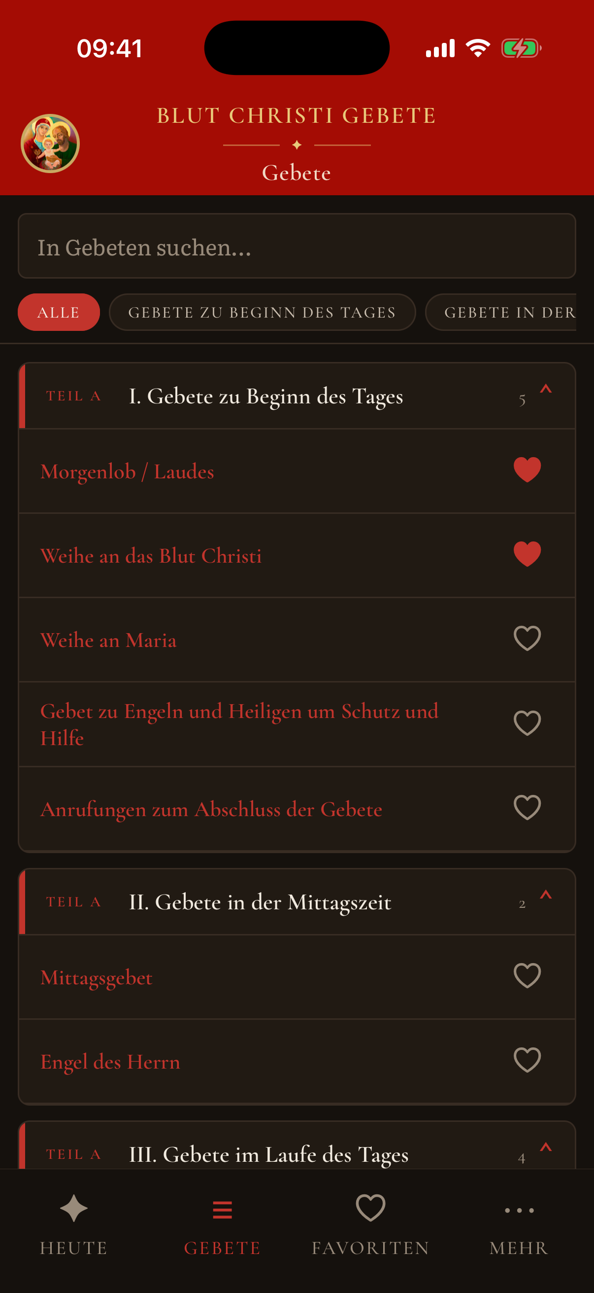 Gebets-App: Übersicht des Gebetsschatzes (Dark Mode)