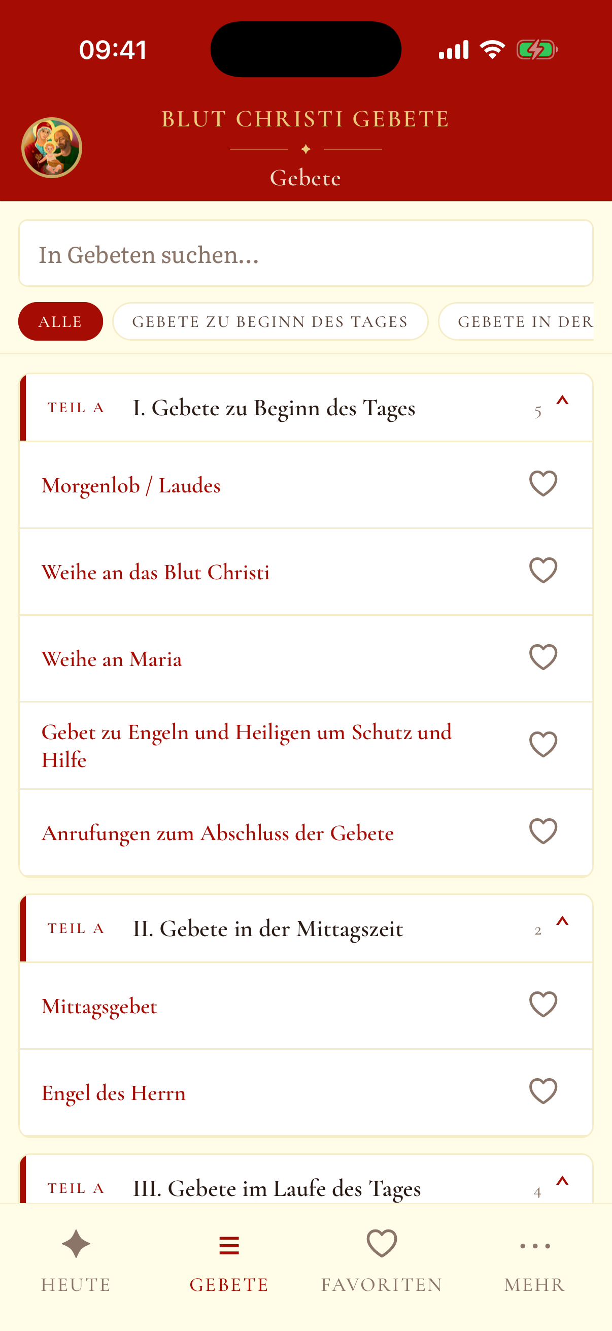 Gebets-App: Übersicht des Gebetsschatzes