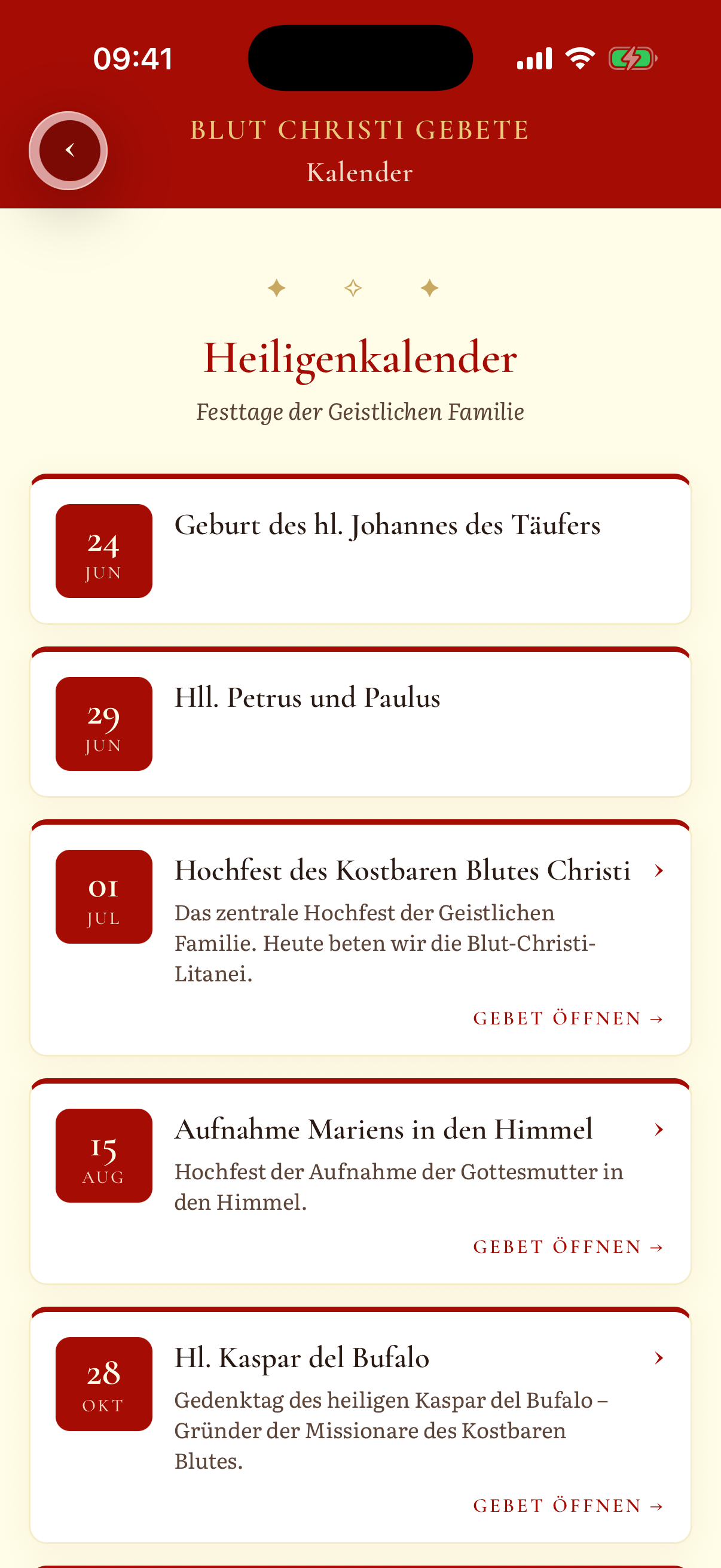 Gebets-App: Kalender mit Terminen der Gemeinschaft