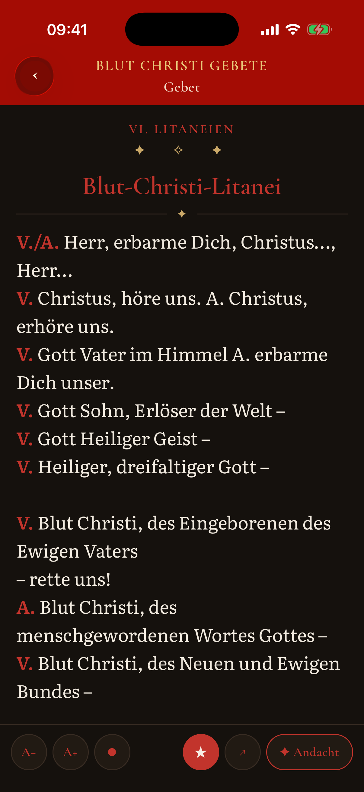 Gebets-App: Detail-Ansicht eines Gebets (Dark Mode)