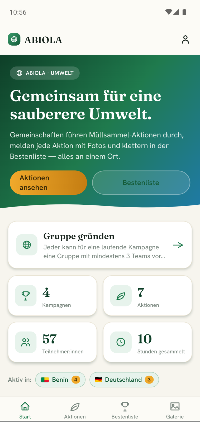 GreenActivity App: Startbildschirm mit Kampagnen-Einstieg