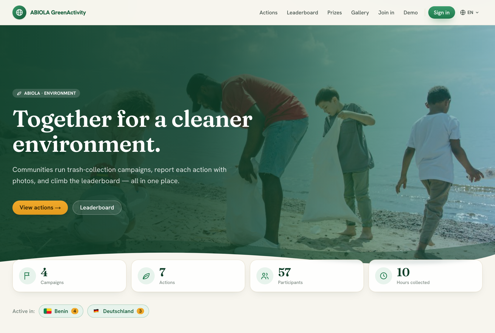GreenActivity Web-Plattform: Startseite mit Kampagnen-Übersicht