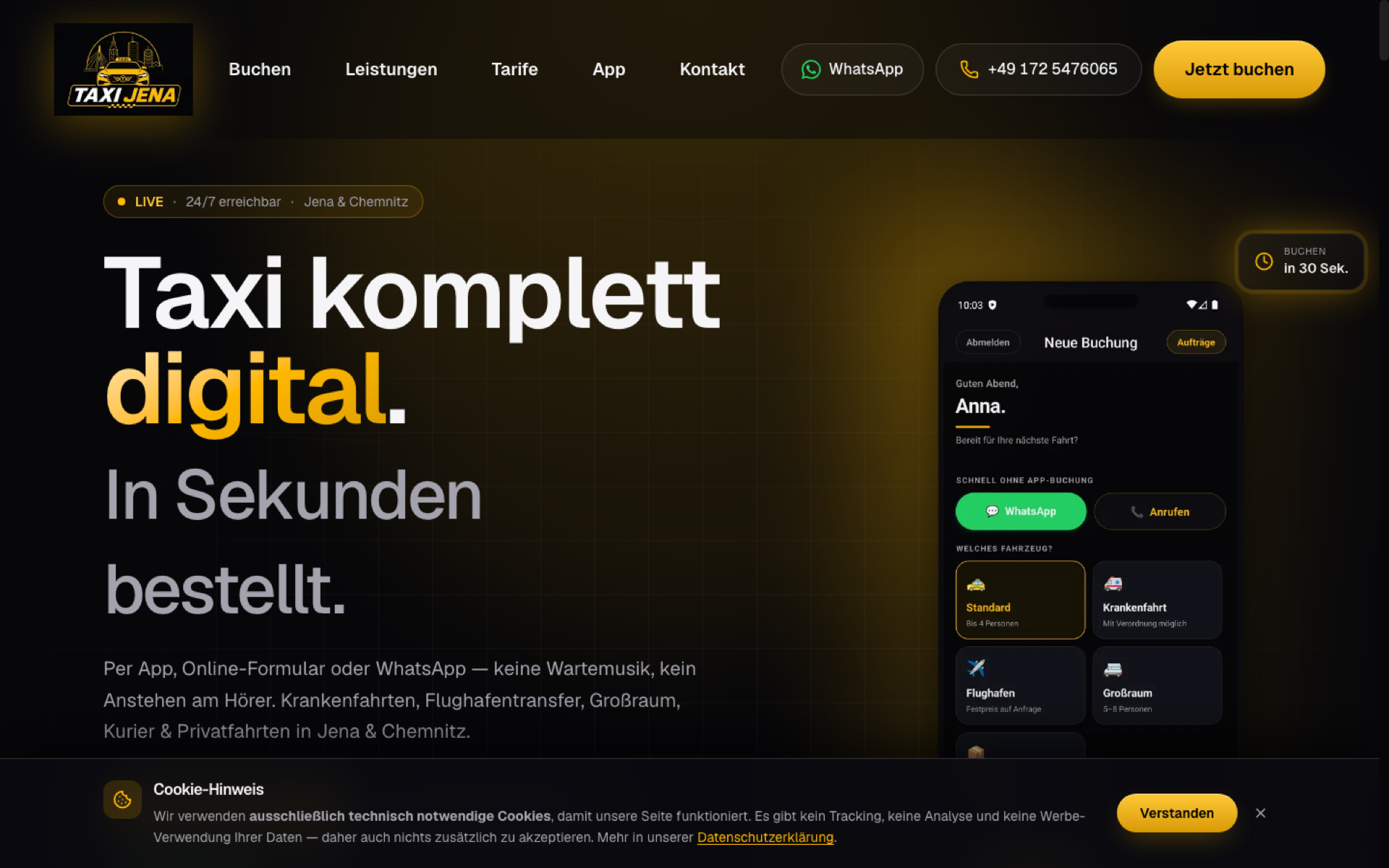 Website taximaps-jena.de: Startseite mit Buchungseinstieg