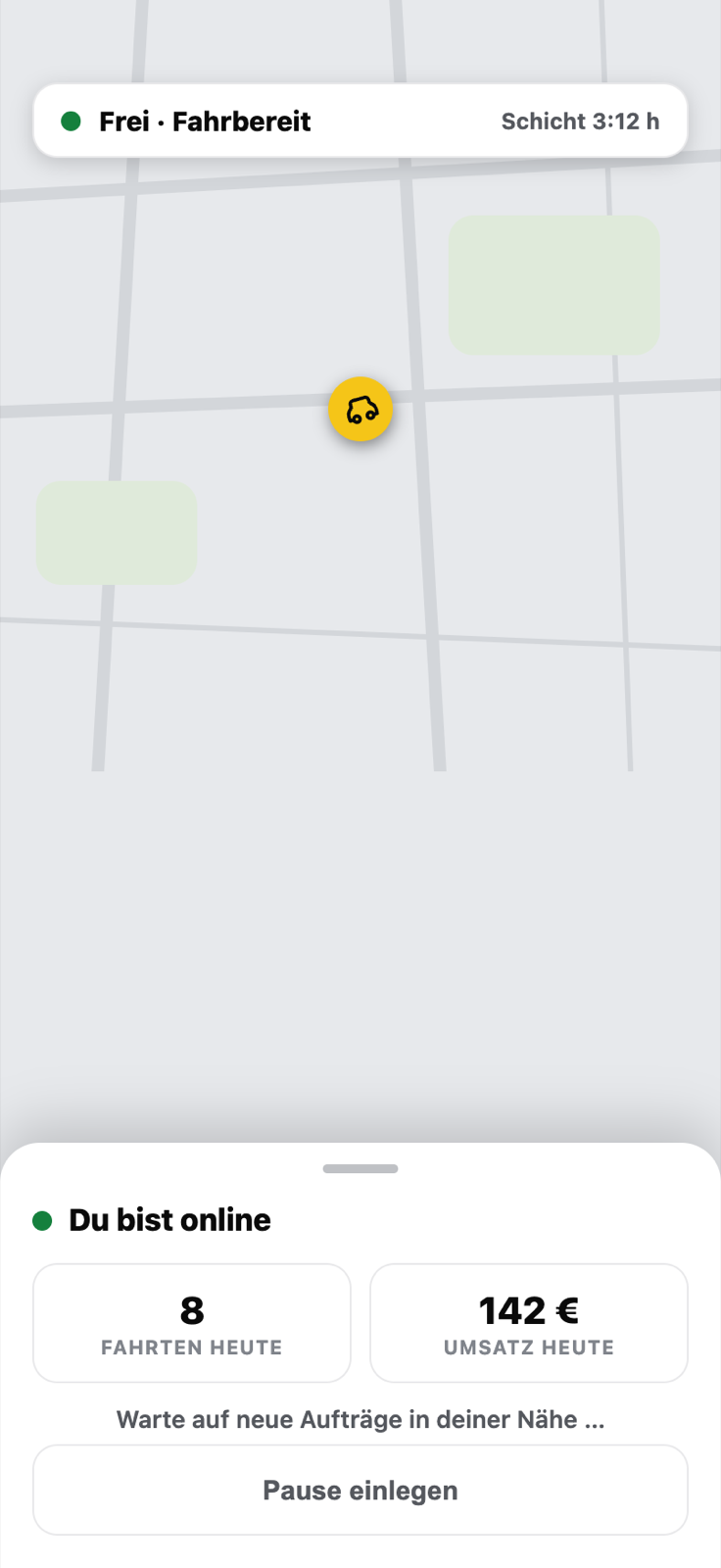 Fahrer-App: Startbildschirm mit Frei-Status