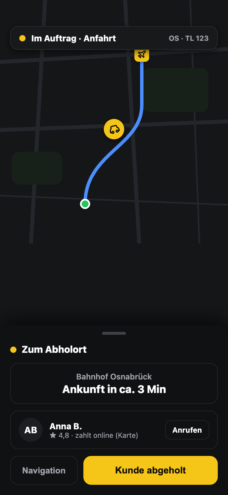 Taxi Lotte Fahrer-App: Navigation zur Abholung (Dark Mode)